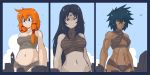  black_hair blue_eyes breasts dark_skin giantess long_hair looking_at_viewer multiple_girls muscle orange_hair original petite-emi red_eyes short_hair yellow_eyes 