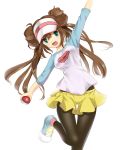  brown_hair double_bun female_protagonist_(pokemon_bw2) hiroki_shin legwear_under_shorts mei_(pokemon) outstretched_arm pantyhose poke_ball pokemon pokemon_(game) pokemon_bw2 raglan_sleeves shorts visor 