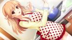  brown_eyes brown_hair cooking dutch_angle game_cg hatsukoi_1/1 koizumi_amane long_hair morino_yukino polka_dot polka_dot_apron pot ribbon stove 