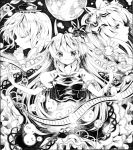  2girls closed_eyes dress dual_persona ex-keine eyes_closed face frilled_dress frills fujiwara_no_mokou full_moon glowing hair_ribbon hands_clasped hat horn_ribbon horns interlocked_fingers kamishirasawa_keine monochrome moon multiple_girls praying profile puffy_short_sleeves puffy_sleeves ribbon scroll short_sleeves smile staff star touhou yayoi_(yayoi250) 