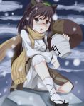  animal_ears bloomers blush brown_dress brown_eyes brown_hair dress east01_06 futatsuiwa_mamizou glasses highres leaf leaf_on_head looking_at_viewer open_mouth pince-nez raccoon_ears raccoon_tail sake sandals scarf short_hair sitting snow socks solo tail touhou white_legwear wild_and_horned_hermit 