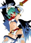  1girl aqua_hair arcana_trust armpits arms_up dual_wielding from_below hat horns looking_at_viewer red_eyes sasayuki shinrabanshou short_hair short_shorts shorts simple_background smile solo star sweat sword tail thigh-highs thighhighs torn_thighhighs weapon white_background white_legwear wings 