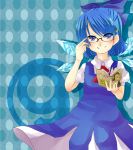  &#9320; ? bespectacled blue_eyes blue_hair book bow cirno dress glasses hair_bow hair_ornament hairpin ice ice_wings rarorimiore short_hair short_sleeves smile solo touhou wings â‘¨ 