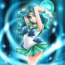  aqua armpits arms_up bishoujo_senshi_sailor_moon blue_background bow dress expressionless gloves green_dress green_eyes green_hair kaiou_michiru lowres magical_girl ribbon sailor_collar sailor_neptune shirataki_kaiseki short_hair skirt solo tiara 