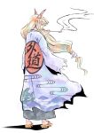  blonde_hair clothes_writing from_behind geta horns ibuki_suika japanese_clothes kiseru kouzilow long_hair low-tied_long_hair pipe simple_background smoke smoking solo touhou white_background 