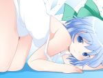  all_fours bare_shoulders blue_eyes blue_hair blush bow cirno dress hair_bow hammer_(sunset_beach) looking_at_viewer naughty_face one-piece_swimsuit short_hair smile solo strap_slip swimsuit top-down_bottom-up touhou 