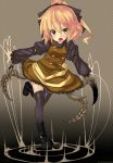  black_legwear blonde_hair bow dress extra_legs hachi105 hair_bow kurodani_yamame open_mouth outstretched_arms ponytail short_hair solo spider_girl spread_arms string thigh-highs thighhighs touhou yellow_eyes 