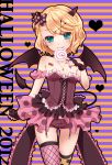  2012 aqua_eyes blonde_hair blush candy cross cross_necklace dress halloween hat hat_ribbon heart horns kagamine_rin lollipop looking_at_viewer mismatched_legwear outline polka_dot polka_dot_legwear ribbon short_hair smile solo striped striped_background swirl_lollipop tail thigh-highs thighhighs vocaloid wings yayoi_(egoistic_realism) 