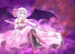  ascot bat_wings blue_hair full_moon hat hat_ribbon moon open_mouth polearm primamiya red_eyes red_moon remilia_scarlet ribbon short_hair smile solo spear touhou weapon wings wrist_cuffs 