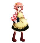  apron bell book boots bow checkered cross-laced_footwear hair_bell hair_ornament holding huyusilver lace-up_boots long_sleeves looking_at_viewer motoori_kosuzu oota_jun&#039;ya_(style) parody pink_eyes pink_hair red_eyes red_hair redhead short_hair simple_background smile solo style_parody touhou twintails white_background 