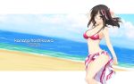  bare_shoulders beach bikini black_hair breasts cleavage danny_choo_(website) glasses green_eyes hair_ribbon highres hips hoshikawa_kanata iizuki_tasuku large_breasts lips long_hair mirai_millennium navel one_side_up red-framed_glasses red_bikini ribbon sarong semi-rimless_glasses slender_waist solo swimsuit under-rim_glasses wallpaper 