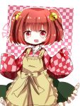  apron bell blush checkered checkered_background forbidden_scrollery hair_bell hair_ornament looking_at_viewer motoori_kosuzu open_mouth pink_hair red_eyes short_hair skirt sleeves_past_hands smile solo touhou tubamelove twintails wide_sleeves wides_leeves 