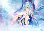  barefoot blue_eyes blue_hair bow cirno dress feet hair_bow ice ice_wings looking_at_viewer mosho puffy_sleeves ribbon ripples short_hair short_sleeves smile solo sparkle toes touhou wings 
