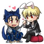  animal_ears blue_hair bunny_ears bunny_tail chain chains chibi chibiru collar dog_ears dog_tail earrings fang fate/stay_night fate_(series) gilgamesh heart jewelry lancer long_hair male multiple_boys open_mouth pet_play polearm rabbit_ears red_eyes short_hair smile tail weapon 