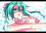  g-ist green_eyes green_hair hair_ribbon hatsune_miku letterboxed nail_polish open_mouth ribbon solo title_drop twintails vocaloid 