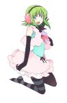  aqua_eyes earmuffs elbow_gloves gloves green_hair gumi hand_on_own_face happy_synthesizer_(vocaloid) highres kintaro kneeling mismatched_legwear open_mouth pantyhose payot short_hair skirt smile solo striped striped_legwear vocaloid 