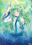 detached_sleeves frog_hair_ornament green_eyes green_hair hair_ornament hair_tubes kochiya_sanae long_hair mosho open_mouth skirt smile snake solo touhou wide_sleeves 