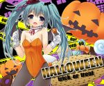  aqua_eyes aqua_hair candy candy_cane caution_tape doughnut fang gloves halloween hatsune_miku jack-o&#039;-lantern jack-o'-lantern leotard lollipop open_mouth pantyhose solo spring_onion swirl_lollipop tanakahazime trick_or_treat twintails vocaloid wings 