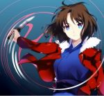  6-k-i-7 brown_hair holding jacket japanese_clothes kara_no_kyoukai kimono knife lowres multicolored_eyes red_jacket ryougi_shiki short_hair solo type-moon weapon 