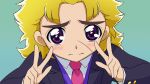  1boy blonde_hair blush cure_peace_pose double_v jojo_no_kimyou_na_bouken kaniharu male necktie parody precure purple_eyes robert_eo_speedwagon scar smile_precure! solo v violet_eyes 