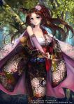  bare_shoulders blue_eyes bow breasts bridal_gauntlets brown_hair cleavage collarbone earrings embellished_costume horn japanese_clothes jewelry kimono light_smile long_hair parted_lips pisuke sarashi solo tree watermark z/x 