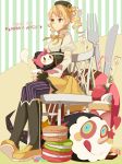  beret blonde_hair boots breasts cake charlotte_(madoka_magica) corset cup dessert detached_sleeves drill_hair food fork fruit gun hair_ornament hat kibamigohann knife macaron magical_girl magical_musket mahou_shoujo_madoka_magica pleated_skirt skirt strawberry striped striped_background teacup thigh-highs thighhighs title_drop tomoe_mami tongue vertical-striped_legwear vertical_stripes weapon yellow_eyes 