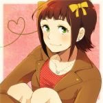  amami_haruka bow brown_hair earrings green_eyes hair_bow heart heart_of_string idolmaster jewelry looking_at_viewer necklace smile solo twilightzone 