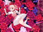  blush bow bow_(weapon) bubble_skirt dress flower flowers from_behind gloves kaname_madoka kouzuki_hajime looking_back magical_girl mahou_shoujo_madoka_magica open_mouth pink_eyes pink_hair purple_rose red_rose rose short_hair short_twintails smile twintails weapon white_rose 