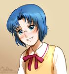  blue_eyes blue_hair blush bust ciel glasses magical_ondine ribbon school_uniform short_hair smile solo sweater_vest tsukihime 
