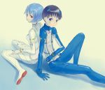  2girls back-to-back bad_id blue_eyes blue_hair brown_eyes highres ikari_shinji looking_back megumi_(amekanha) neon_genesis_evangelion plugsuit red_eyes see-through short_hair simple_background sitting test_plugsuit wariza 