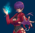  1girl artist_request blue_fire breasts cleavage cleavage_cutout cropped_jacket dark_persona dark_skin earrings fingernails fire hair_over_eyes jewelry king_of_fighters large_breasts leotard long_fingernails long_hair miniskirt nail_polish ponytail purple_hair shermie skirt solo 