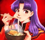  bow brown_eyes chopsticks eating food katsuragi_misato lafolie long_hair looking_at_viewer neon_genesis_evangelion noodles purple_hair solo 