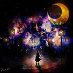  colorful crescent_moon grin halloween harada_miyuki lantern moon night night_sky original signature sky smile star witch 