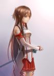  asuna_(sao) bare_shoulders breastplate brown_hair detached_sleeves highres long_hair masashi_(excellent) red_eyes rough solo sword sword_art_online weapon 