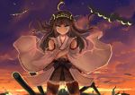  1girl ahoge airplane bare_shoulders blue_eyes braid brown_hair crossed_arms grin headband japanese_clothes kantai_collection kongou_(kantai_collection) long_hair mecha_musume miko personification rikkido smile solo sunset thighhighs 