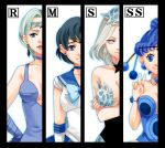  amazons_quartet bare_shoulders beruche bishoujo_senshi_sailor_moon black_moon_clan blue_dress blue_eyes blue_hair border bow braid breast_rest breasts choker color_connection column_lineup crossed_arms dress earrings expressionless gloves hair_bun jewelry kitashiba leotard magical_girl mizuno_ami multiple_girls pallapalla ribbon sailor_collar sailor_mercury short_hair skirt smile tiara v viluy white_background white_hair witches_5 