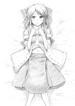  blush bow detached_sleeves hair_bow hakurei_reimu looking_at_viewer lying monochrome on_back smile solo touhou traditional_media vent_arbre 