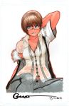  bangs blue_eyes breasts brown_hair cleavage copyright_request dated fur_trim glasses jacket jeans lips marker_(medium) omar_dogan short_hair signature solo traditional_media wide_hips 