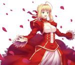  ahoge bible_(pixiv) blonde_hair breasts cleavage dress epaulettes fate/extra fate_(series) green_eyes hair_ribbon outstretched_hand petals ribbon saber_extra see-through solo 