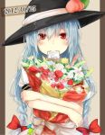  blue_hair blush bouquet bust dated flower food fruit happy_birthday hat hat_ribbon highres hinanawi_tenshi long_hair looking_at_viewer mouth_hold object_hug peach pillarboxed red_eyes ribbon solo touhou yuu-rin 