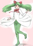  bow dress green_hair green_legwear hair_ornament kirlia magical_ondine pantyhose personification pokemon pokemon_(game) red_eyes solo standing_on_one_leg twintails twirling 