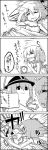  4koma alarm_clock alternate_costume blush book bow breasts cleavage clock comic frills hat hat_bow hat_ribbon highres lying monochrome nagae_iku nightgown ribbon saliva shawl sleeping smile tani_takeshi tears tired touhou translated wink yawning yukkuri_shiteitte_ne 