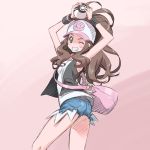  armpits arms_up blue_eyes blush brown_hair denim denim_shorts grin hat isedaichi_ken looking_at_viewer pokemon pokemon_(game) pokemon_bw ponytail shorts smile solo touko_(pokemon) vest 