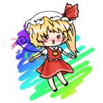  blush chibi flandre_scarlet hat hat_ribbon lowres minimilk no_nose open_mouth outstretched_arms ribbon short_hair side_ponytail skirt solo touhou wings wrist_cuffs 