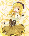  beret blonde_hair breasts corset detached_sleeves drill_hair fingerless_gloves gloves hair_ornament hat large_breasts magical_girl mahou_shoujo_madoka_magica nayuko2 pleated_skirt ribbon skirt smile solo tomoe_mami wink yellow_eyes 
