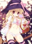  :p basket blonde_hair bra breasts broom candy emily_(pure_dream) frills glasses gloves hair_ornament hairclip halloween happy_halloween hat hat_ribbon lollipop long_hair looking_at_viewer navel original panties pocky purple_eyes ribbon solo star striped striped_bra striped_legwear striped_panties sweets swirl_lollipop thigh-highs thighhighs tongue underwear violet_eyes witch_hat 
