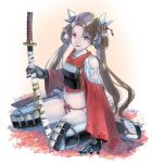  armor brown_hair highres japanese_clothes katana long_hair looking_at_viewer miso_katsu original red_eyes sitting smile solo sword very_long_hair wariza weapon 