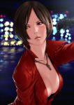  1girl ada_wong breasts brown_eyes brown_hair city cleavage delta_zone gloves jacket jewelry lips necklace night open_mouth red_jacket resident_evil resident_evil_6 short_hair solo 