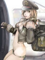  arched_back ass bag blonde_hair bra breasts brown_eyes butt_crack cleavage eyepatch fingerless_gloves fur_collar fur_trim gloves jacket kuratch leather_jacket lips looking_at_viewer lowleg lowleg_panties military_cap o-ring_bottom original panties short_hair solo underwear 