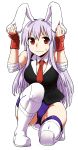  alternate_costume animal_ears blush boots breasts bunny_ears bunny_tail cleavage highres itou_yuuji lavender_hair long_hair necktie rabbit_ears red_eyes reisen_udongein_inaba simple_background solo tail thigh-highs thighhighs touhou white_background wrestling_outfit 